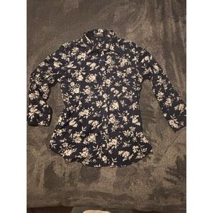 LAUREN RALPH LAUREN Navy Blue Floral Blouse Medium Long Sleeve Button Up Shirt